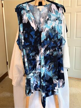Michael Kors Blue Black Abstract Print Wrap Tank Top 3X